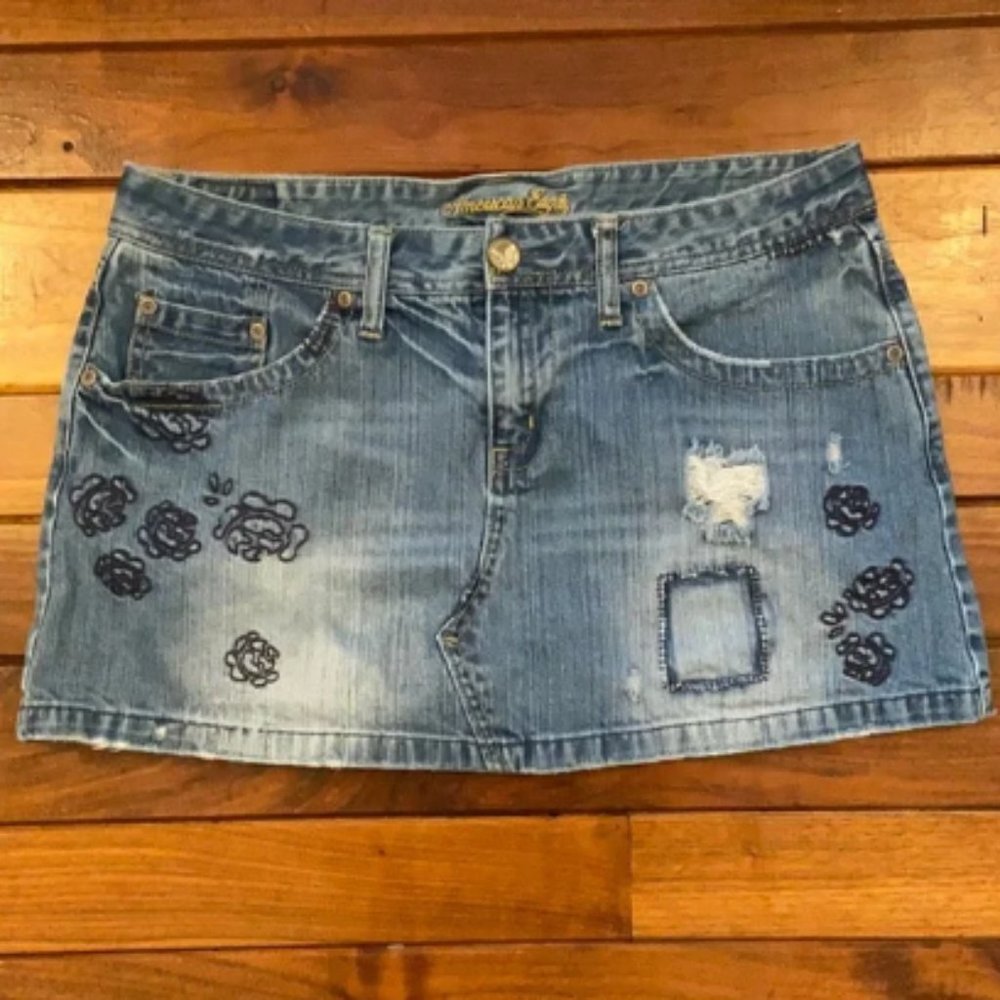 Denim Distressed Embroidered Mini Skirt 12